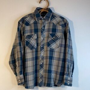 Wrangler Men's Blue and Tan Plaid Button Down Shirt 90s